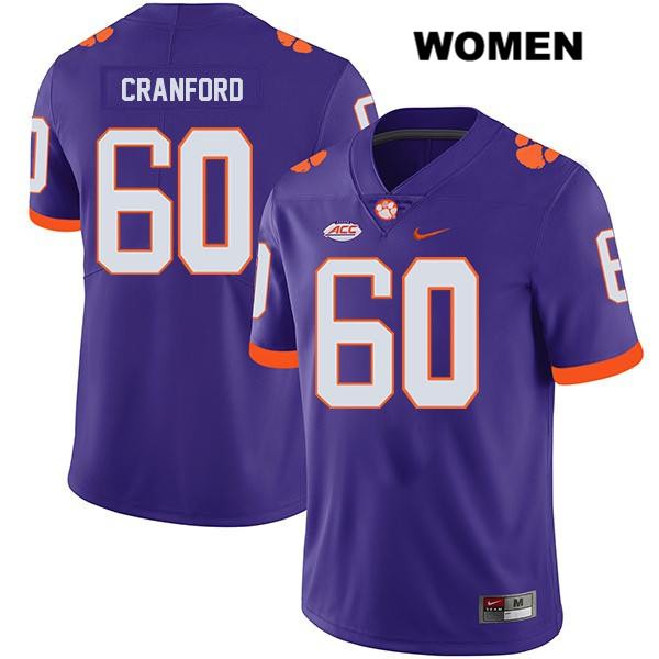 Women's Clemson Tigers #60 Mac Cranford Stitched Purple Legend Authentic Nike NCAA College Football Jersey LRK8546SZ
